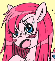 Size: 811x892 | Tagged: safe, artist:poneigh777, pinkie pie, earth pony, pony, g4, anime, anime style, blushing, chest fluff, cropped, fangs, female, mare, open mouth, pinkamena diane pie, solo