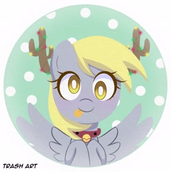 Size: 2028x2048 | Tagged: safe, artist:eltrash_art6, derpy hooves, pegasus, pony, g4, :p, bell, bell collar, christmas, christmas lights, collar, cute, derpabetes, fake antlers, female, hairband, holiday, icon, mare, snow, solo, tongue out