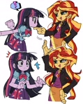 Size: 1560x1960 | Tagged: safe, artist:jwnn_, sunset shimmer, twilight sparkle, equestria girls, g4, my little pony equestria girls, backpack, bangs, breasts, clothes, collared shirt, colored sclera, cutie mark on clothes, duo, duo female, emanata, exclamation point, eyebrows, eyebrows visible through hair, eyelashes, eyeshadow, female, finger under chin, frown, gray sclera, gritted teeth, hand on chin, hand on hip, holding, jacket, leather, leather jacket, long arms, looking at someone, makeup, narrowed eyes, neck bow, open mouth, orange skin, pencil skirt, pleated skirt, profile, purple skin, scene interpretation, shirt, simple background, skirt, smiling at someone, speech bubble, straight hair, surprised, t-shirt, teeth, thin, thin arms, three toned hair, two toned hair, white background