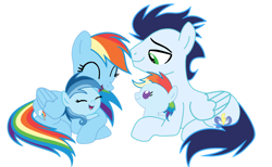 Size: 1280x786 | Tagged: safe, artist:soarindasher10, rainbow dash, soarin', oc, oc:ragtag, oc:shooting star, pegasus, pony, g4, baby, baby pony, female, filly, foal, male, mare, offspring, parent:rainbow dash, parent:soarin', parents:soarindash, ship:soarindash, shipping, siblings, simple background, stallion, straight, transparent background, twins