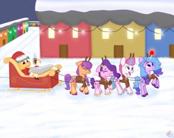 Size: 1080x856 | Tagged: safe, artist:heart k art, hitch trailblazer, izzy moonbow, pipp petals, sunny starscout, zipp storm, earth pony, pegasus, pony, unicorn, series:heart k art g5 advent calendar, g5, advent calendar, animal costume, blanket, chocolate, christmas, costume, female, food, hat, holiday, horn, hot chocolate, male, mane five, mare, outdoors, reindeer costume, santa hat, sleigh, snow, stallion, winter