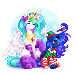 Size: 2536x2468 | Tagged: safe, artist:buvanybu, princess celestia, princess luna, alicorn, pony, g4, bow, bowtie, clothes, crown, duo, duo female, eyes closed, female, folded wings, horn, jewelry, mare, partially open wings, peytral, raised hoof, regalia, royal sisters, siblings, sisters, sitting, smiling, socks, striped socks, wings