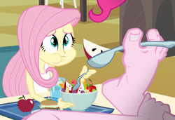 Size: 1050x720 | Tagged: safe, edit, edited screencap, screencap, fluttershy, pinkie pie, human, equestria girls, g4, cafeteria, eating, feet, fetish, food, foot fetish, foot focus, playing with food, toenails, toes