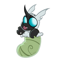 Size: 2048x2048 | Tagged: safe, artist:cupute, oc, oc:royce winters, changeling, changeling larva, pony, :p, baby, baby changeling, big ears, black coat, black mane, blue eyes, changeling egg, cheap, chibi, christmas, christmas changeling, christmas stocking, commission, fangs, holiday, hoof hold, horn, looking at you, png, simple background, solo, teeth, tongue out, transparent background, ych result