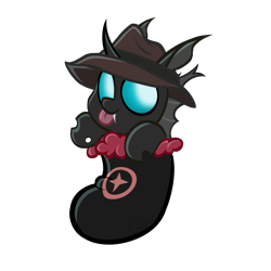 Size: 2048x2048 | Tagged: safe, artist:cupute, oc, oc only, oc:hokt, changeling, pony, equestria at war mod, :p, big ears, black coat, black mane, blue eyes, brown hat, changeling egg, cheap, chibi, christmas, christmas changeling, christmas stocking, clothes, commission, fangs, greneclyf, hat, holiday, hoof hold, horn, looking at you, png, simple background, solo, teeth, tongue out, transparent background, ych result