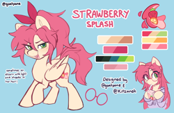 Size: 2000x1300 | Tagged: safe, artist:cuiicie, oc, oc only, oc:strawberry splash, pegasus, pony, bow, butt freckles, character name, colors, cutie mark, drink, drinking, ears up, eyelashes, feathered wings, female, female oc, folded wings, freckles, glasses, hair bow, hoof hold, juice, juice box, mare, mare oc, pegasus oc, pegasus wings, pony oc, ponytail, raised hoof, reference sheet, solo, wings