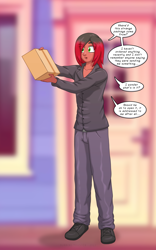 Size: 1250x2000 | Tagged: safe, artist:runningtoaster, oc, oc only, human, equestria girls, g4, holding, male, male to female, package, rule 63, solo, speech bubble, transformation, transformation sequence, transgender transformation