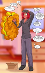 Size: 1250x2000 | Tagged: safe, artist:runningtoaster, adagio dazzle, oc, oc only, human, equestria girls, g4, character to character, holding, indoors, male, male to female, package, rule 63, solo, speech bubble, transformation, transformation sequence, transgender transformation, wig