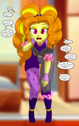 Size: 1250x2000 | Tagged: safe, artist:runningtoaster, adagio dazzle, oc, human, equestria girls, g4, character to character, clothes, female, indoors, leaning forward, male, male to female, rule 63, solo, speech bubble, transformation, transformation sequence, transforming clothes, transgender transformation