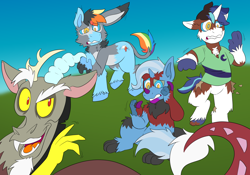 Size: 1500x1050 | Tagged: safe, artist:detectivecoon, discord, rainbow dash, shining armor, trixie, dinosaur, donkey, draconequus, pony, unicorn, g4, furry, furry to pony, horn, hypno eyes, hypnosis, kaa eyes, mid-transformation, outdoors, transformation, trio, unshorn fetlocks