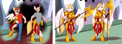 Size: 5000x1800 | Tagged: safe, artist:tomek1000, oc, oc only, oc:angel steel, alicorn, human, anthro, unguligrade anthro, armor, axe, bored, duo, fantasy class, female, halberd, high res, human to anthro, knight, male, male to female, mid-transformation, multeity, paladin, reality shift, rule 63, transformation, transgender transformation, twinning, warrior, weapon