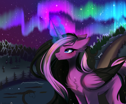 Size: 4982x4094 | Tagged: safe, artist:2pandita, oc, oc only, alicorn, pony, alicorn oc, aurora borealis, horn, solo, wings