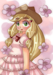 Size: 756x1075 | Tagged: safe, artist:araiiara123, applejack, equestria girls, g4, applejack's hat, clothes, cowboy hat, dress, flower, hat