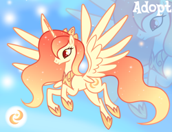 Size: 1280x981 | Tagged: safe, artist:vi45, oc, oc only, alicorn, pony, adoptable, alicorn oc, colored pupils, concave belly, ethereal mane, eyelashes, female, female oc, flying, gradient background, gradient mane, gradient tail, hoof shoes, horn, jewelry, long horn, long mane, long tail, mare, mare oc, orange eyes, orange mane, orange tail, peytral, princess shoes, profile, raised hooves, red pupils, slender, smiling, solo, spread wings, starry mane, starry tail, tail, thin, tiara, unicorn horn, wavy mane, wavy tail, wings, yellow coat, zoom layer