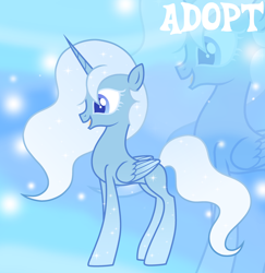 Size: 1280x1315 | Tagged: safe, artist:vi45, oc, oc only, alicorn, pony, adoptable, alicorn oc, blank flank, blue coat, blue eyelashes, blue eyes, blue pupils, blue wingtips, colored eyelashes, colored pupils, colored wings, concave belly, ethereal mane, female, female oc, folded wings, gradient background, gradient eyes, gradient legs, gradient wings, gradient wingtips, horn, light blue mane, light blue tail, long horn, mare, mare oc, open mouth, open smile, profile, slender, smiling, solo, sparkles, sparkly coat, sparkly legs, sparkly mane, sparkly tail, standing, starry coat, starry legs, starry mane, starry tail, tail, thin, two toned wings, unicorn horn, wavy mane, wavy tail, wings, zoom layer