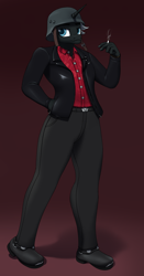 Size: 2756x5270 | Tagged: safe, artist:thehuskylord, oc, oc:crimson(red), unicorn, anthro, belt, biker jacket, button-up shirt, cigarette, clothes, hand in pocket, helmet, horn, jacket, leather, shirt, shoes, smoke, straps, unicorn oc