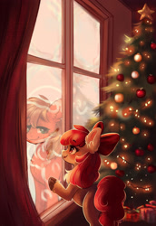 Size: 2115x3066 | Tagged: safe, artist:polnocnykot, apple bloom, big macintosh, earth pony, pony, g4, against glass, apple bloom's bow, bow, chest fluff, christmas, christmas gift, christmas lights, christmas tree, curtains, cute, duo, duo male and female, ear fluff, female, freckles, garland, glass, hair bow, hat, holiday, looking at each other, looking at someone, male, open mouth, open smile, santa hat, smiling, standing, tree, unshorn fetlocks, window, winter