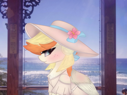 Size: 2664x1997 | Tagged: safe, artist:sodapop sprays, oc, oc only, oc:sodapop sprays, pegasus, pony, blushing, bow, chest fluff, clothes, eye clipping through hair, flower, flower in hair, freckles, hair bow, hat, hawaii, looking at you, ocean, solo, summer clothes, summer hat, water