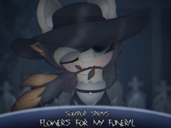 Size: 2664x1997 | Tagged: safe, artist:sodapop sprays, oc, oc only, oc:sodapop sprays, pegasus, pony, clothes, eye clipping through hair, flower, funeral, gravestone, hat, looking at you, nightcore, nightcore thumbnail, one eye closed, rose, solo, thumbnail, wink, winking at you, withered rose