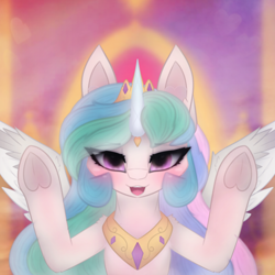 Size: 2664x2664 | Tagged: safe, artist:sodapop sprays, princess celestia, alicorn, pony, g4, absolute cinema, absolute cinema meme, hooves up, looking at you, meme, ponified meme, solo, throne