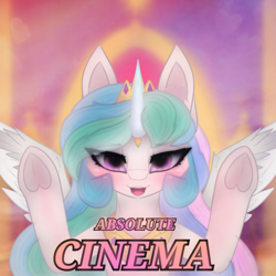 Size: 2664x2664 | Tagged: safe, artist:sodapop sprays, princess celestia, alicorn, pony, g4, absolute cinema, absolute cinema meme, hooves up, looking at you, meme, ponified meme, solo, text, throne