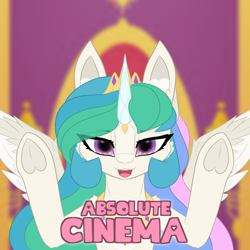 Size: 6000x6000 | Tagged: safe, artist:sodapop sprays, princess celestia, alicorn, pony, g4, absolute cinema, absolute cinema meme, hooves up, looking at you, meme, ponified meme, solo, throne