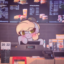 Size: 2664x2664 | Tagged: safe, artist:sodapop sprays, part of a set, derpy hooves, pegasus, pony, series:derpy can't catch a break, g4, blushing, eye clipping through hair, hat, mcdonald's, solo