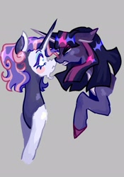 Size: 1431x2048 | Tagged: safe, artist:whimday, rarity, twilight sparkle, alicorn, pony, unicorn, g4, alternate hairstyle, beard, blushing, boop, duo, duo female, facial hair, female, gray background, horn, lesbian, mare, markings, noseboop, open mouth, redesign, ship:rarilight, shipping, simple background, twilight sparkle (alicorn), unshorn fetlocks