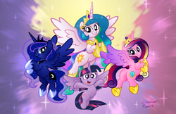 Size: 3045x1970 | Tagged: safe, artist:aleximusprime, princess cadance, princess celestia, princess luna, twilight sparkle, alicorn, pony, g4, alicorn tetrarchy, butt, cute, cutedance, cutelestia, female, flying, lunabetes, mare, plot, twiabetes, twilight sparkle (alicorn)