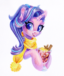 Size: 1252x1500 | Tagged: safe, artist:maytee, starlight glimmer, pony, unicorn, g4, alcohol, bust, clothes, colored pupils, drink, horn, mulled wine, portrait, scarf, smiling, solo