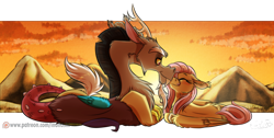 Size: 2600x1312 | Tagged: safe, artist:inuhoshi-to-darkpen, discord, fluttershy, draconequus, pegasus, pony, g4, blushing, cute, eyes closed, female, lying down, male, mare, nuzzling, prone, scenery, ship:discoshy, shipping, shyabetes, signature, straight, sunset