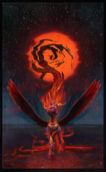 Size: 1200x1948 | Tagged: safe, artist:cosmicunicorn, nightmare star, princess celestia, alicorn, pony, g4, female, lava, mare, raised hoof, red sun, solo, spread wings, stars, sun, wings