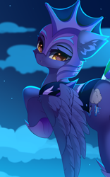 Size: 2690x4320 | Tagged: safe, alternate version, artist:airiniblock, oc, oc only, oc:lishka, pegasus, pony, advertisement, armor, commission, cropped, cropped porn, fangs, female, flying, looking at you, mare, night guard, patreon, patreon preview, pegasus oc, smiling, solo