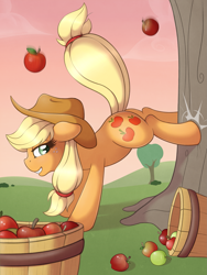 Size: 2121x2828 | Tagged: safe, artist:ratofdrawn, applejack, earth pony, pony, g4, apple, apple/apples falling, babscon, babscon 2014, basket, bucking, female, food, hat, heart, heart eyes, mare, solo, tree, wingding eyes