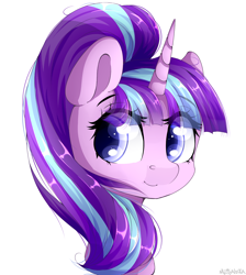 Size: 1300x1450 | Tagged: safe, artist:mitralexa, starlight glimmer, pony, unicorn, g4, bust, cute, eye clipping through hair, eyebrows, eyebrows visible through hair, female, glimmerbetes, horn, mare, portrait, s5 starlight, simple background, smiling, solo, white background