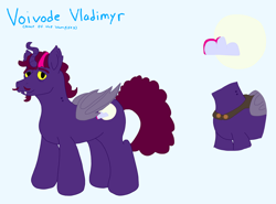 Size: 6200x4600 | Tagged: safe, artist:batpony, oc, oc only, oc:voivode vladimyr, alicorn, bat pony, bat pony alicorn, horse, pony, undead, vampire, vampire bat pony, vampony, bat pony alicorn oc, bat pony oc, bat wings, cloak, clothes, curly mane, curly tail, curved horn, cutie mark, facial hair, fangs, horn, magenta mane, magenta tail, male, mane, membranous wings, pink mane, pink tail, purple fur, reference sheet, royalty, simple background, solo, tail, wings