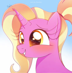 Size: 1024x1040 | Tagged: safe, artist:nnaly, luster dawn, pony, unicorn, g4, blushing, bust, cute, female, horn, lusterbetes, mare, portrait, signature, smiling, solo, sparkles, sparkly eyes, wingding eyes