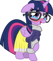 Size: 2000x2327 | Tagged: safe, artist:eagle1division, twilight sparkle, alicorn, pony, g4, adorkable, blushing, broken glasses, clothes, crying, cute, daaaaaaaaaaaw, dork, female, floppy ears, glasses, looking at you, mare, meganekko, open mouth, raised hoof, skirt, smiling, sweater, tears of joy, turtleneck, twiabetes, twilight glasses, twilight sparkle (alicorn)