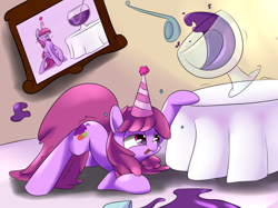 Size: 2500x1866 | Tagged: safe, artist:madacon, artist:underpable, berry punch, berryshine, earth pony, pony, g4, drink, drunk, female, hat, party hat, punch (drink), punch bowl, solo, spill