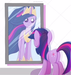 Size: 3000x3190 | Tagged: safe, artist:nnaly, twilight sparkle, alicorn, pony, unicorn, g4, my little pony: friendship is magic, the last problem, age difference, butt, crown, eyelashes, female, height difference, high res, hoof shoes, horn, jewelry, mare, mirror, older, older twilight, older twilight sparkle (alicorn), peytral, plot, princess twilight 2.0, reflection, regalia, solo, tall, twibutt, twilight sparkle (alicorn), unicorn twilight