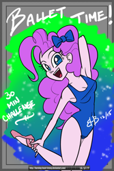 Size: 2000x3000 | Tagged: safe, artist:burning-heart-brony, pinkie pie, human, equestria girls, g4, 30 minute art challenge, :d, arm behind head, armpits, ballerina, ballet, ballet slippers, belly, belly button, bow, breasts, cleavage, clothes, collarbone, female, hair bow, happy, jumping, leotard, looking at you, open mouth, open smile, skinny, smiling, solo, thin