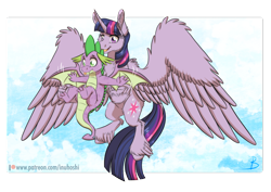 Size: 1800x1275 | Tagged: safe, artist:inuhoshi-to-darkpen, spike, twilight sparkle, alicorn, dragon, pony, g4, molt down, my little pony: friendship is magic, :p, butt, cheek fluff, chest fluff, cloud, cute, duo, ear fluff, feathered fetlocks, female, flying, large wings, male, mama twilight, mare, patreon, patreon logo, silly, simple background, sky, spread wings, teaching, tongue out, transparent background, twilight sparkle (alicorn), unshorn fetlocks, winged spike, wings