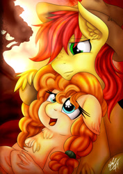 Size: 2059x2912 | Tagged: safe, artist:ebonyinkstone, bright mac, pear butter, earth pony, pony, g4, my little pony: friendship is magic, the perfect pear, applejack's parents, cowboy hat, female, hat, husband and wife, male, mare, open mouth, ship:brightbutter, shipping, signature, stallion, stetson, straight