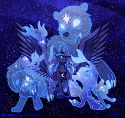 Size: 2400x2254 | Tagged: safe, artist:inuhoshi-to-darkpen, princess luna, alicorn, bear, big cat, fish, goat, lion, pony, ursa, ursa minor, g4, animal, capricorn, claws, constellation, constellation beast, crown, cygnus, ethereal mane, female, galaxy mane, group, incorporeal, jewelry, large wings, leo, mare, night, patreon, patreon logo, pisces, regalia, smiling, spread wings, starry background, stars, unshorn fetlocks, wing claws, wings