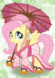 Size: 1748x2480 | Tagged: safe, artist:bonniepink, fluttershy, pegasus, pony, g4, alternate hairstyle, clothes, cute, female, geta, kimono (clothing), mare, sandals, shoes, shyabetes, solo, tsumami kanzashi, umbrella, wagasa