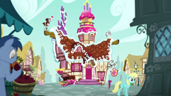 Size: 1280x720 | Tagged: safe, screencap, blues, noteworthy, rosy posy, sassaflash, pony, g4, my little pony: friendship is magic, school daze, ponyville, sugarcube corner