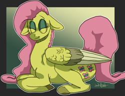 Size: 1500x1159 | Tagged: safe, artist:lawkbutt, fluttershy, pegasus, pony, g4, female, gradient background, lying down, ponyloaf, prone, solo, yellow