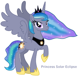 Size: 1020x1001 | Tagged: safe, artist:princess-paige-place-of-fun, oc, oc only, oc:princess solar eclipse, alicorn, pony, clothes, crown, cutie mark fusion, ethereal mane, fusion, fusion:princess celestia, fusion:princess luna, horn, jewelry, looking at you, moon, raised hoof, regalia, shoes, simple background, smiling, sparkles, spread wings, sun, transparent background, wings