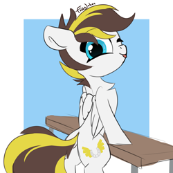 Size: 1900x1900 | Tagged: safe, artist:fakkajohan, oc, oc only, oc:ruffian, pegasus, pony, bipedal, butt, chest fluff, dock, female, looking at you, looking back, looking back at you, one eye closed, passepartout, plot, rear view, signature, solo, tail, tongue out, wink