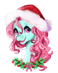 Size: 1080x1350 | Tagged: safe, artist:larizzart, minty, pony, g3, bust, christmas, female, hat, holiday, holly, mare, open mouth, open smile, portrait, santa hat, simple background, smiling, solo, white background